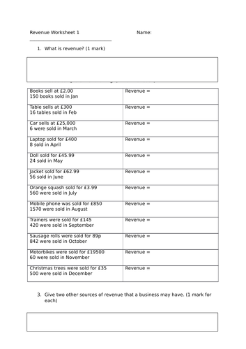 Revenue worksheets | Teaching Resources