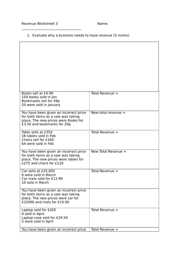 Revenue worksheets | Teaching Resources