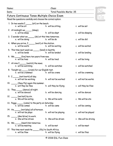 future continuous tense multiple choice exam teaching resources