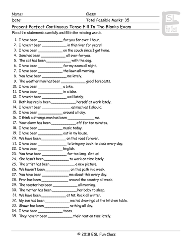 Present Perfect Continuous Tense Fill In The Blanks Exam | Teaching ...