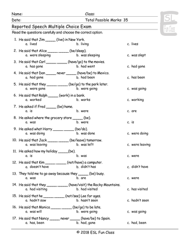 reported speech questions exercises multiple choice