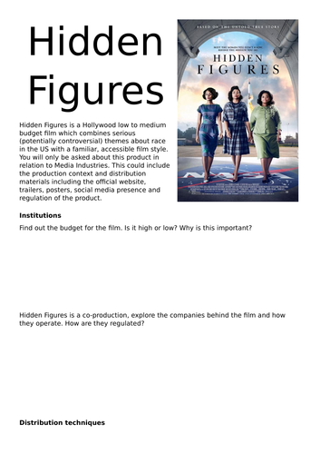 AQA AS Media - Hidden Figures CSP Workbook and teacher notes