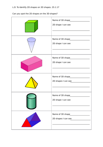 Year 2 worksheets, identify 2D shapes on 3D shapes | Teaching Resources