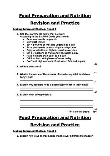 Making Informed Choices Revision Worksheet AQA FPN