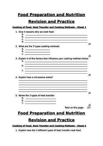 Cooking Methods and Heat Transfer Revision Worksheets AQA FPN ...