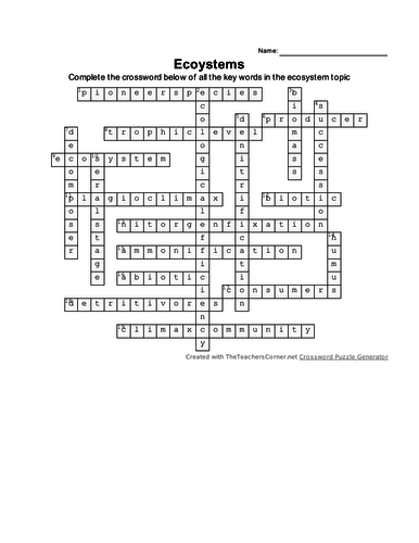 Crossword puzzle of key words for the new OCR A spec Ecosystems topic