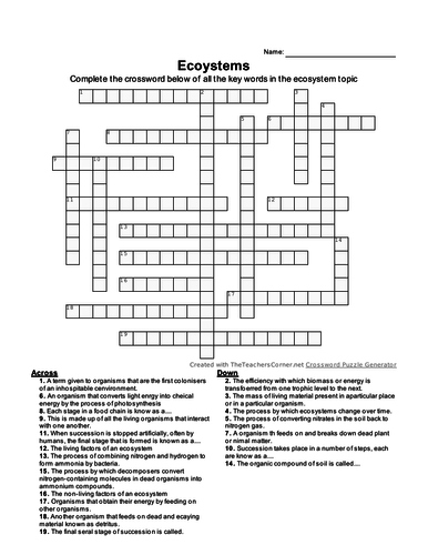 Crossword puzzle of key words for the new OCR A spec Ecosystems topic