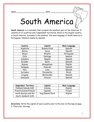 South America Countries And Capitals Teaching Resources