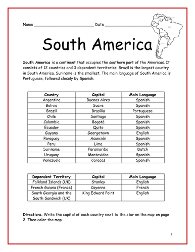 SOUTH AMERICA - Countries and Capitals | Teaching Resources