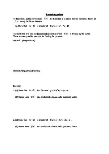 Factor theorem worksheets | Teaching Resources