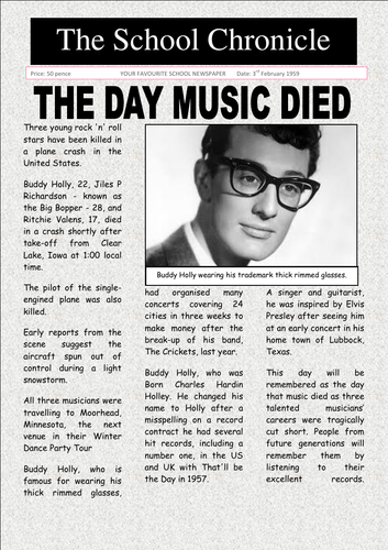 Buddy Holly The Day Music Died Newspaper Comprehension Text | Teaching ...