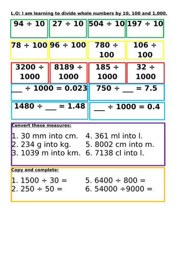 KS2 Year 5 Dividing whole numbers by 10, 100 and 1000 | Teaching Resources