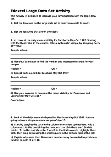 Edexcel A Level Maths Large Data Set Activity 1