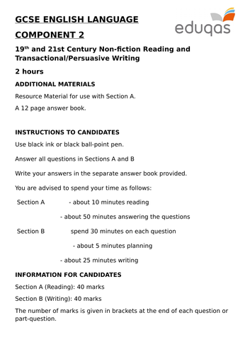 Eduqas GCSE English Language - Component 2 - Practice Examination Paper (Reading and Wri