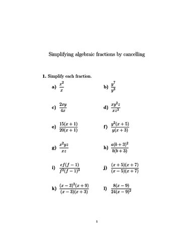 Simplifying algebraic fractions by cancelling worksheet (with solutions ...