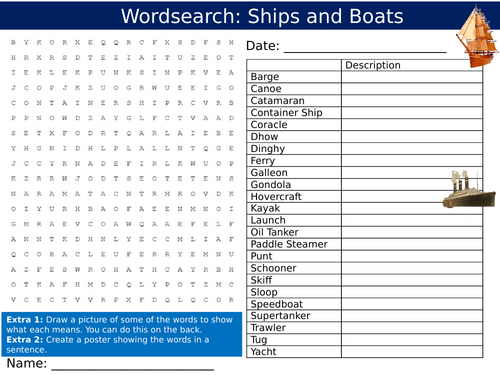 Ships and Boats Wordsearch Puzzle Sheet Keywords Settler Starter Cover