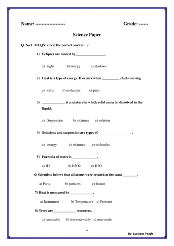 Science junior school paper / test / exam | Teaching Resources