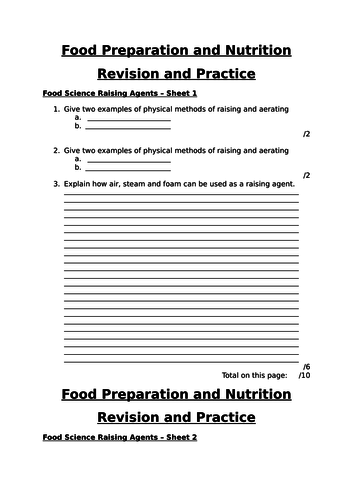 Food Science Raising Agents Revision Worksheets AQA FPN