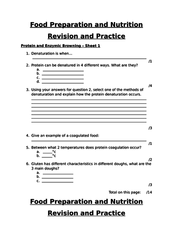Protein and Enzymic Browning Revision Worksheet AQA FPN