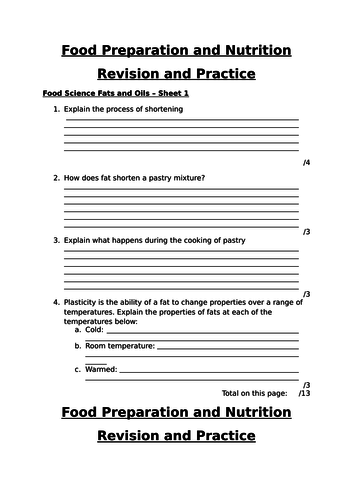 Food Science Fats and Oils Revision Worksheet AQA FPN