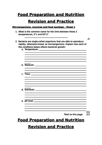 Microorganisms, Enzymes and Food Spoilage Revision Worksheet AQA FPN