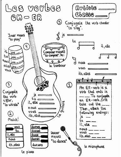 french er verb conjugation worksheet musically themed