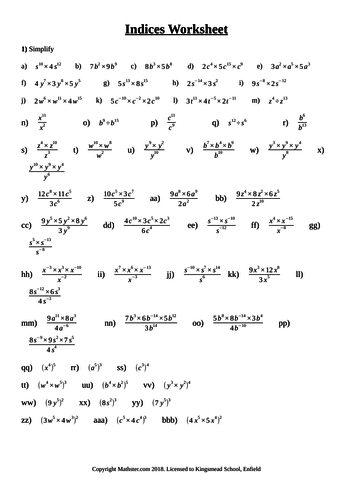 Indices Worksheet Teaching Resources