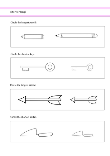 Measurement - short or long worksheet for Reception and Year 1 students