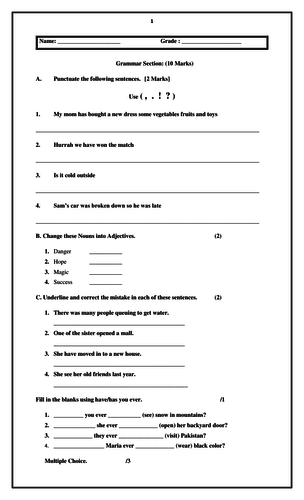 English grade 5 or 4 term exam paper with grammar, reading ...
