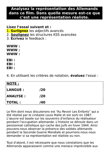 Au Revoir Les Enfants - la représentation des Allemands - essai modèle et exercices de notation