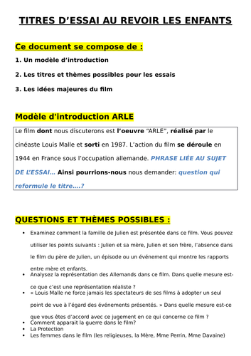 Au Revoir Les Enfants - modèle d'introduction, titres et thèmes d'essais, idées clés