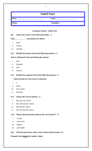 english grammar question paper for class 4 pdf