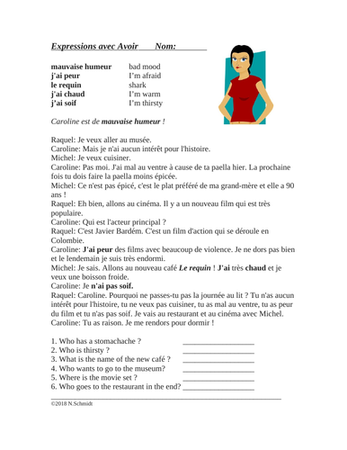 Expressions avec Avoir - Lecture en Français - Reading in French