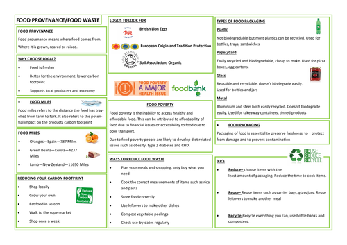 FOOD PROVENANCE/FOOD WASTE - REVISION AID - KNOWLEDGE ORGANISER