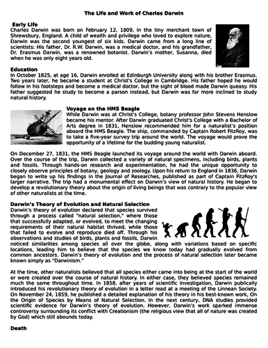 The Life and Work of Charles Darwin - Reading Comprehension Worksheet ...