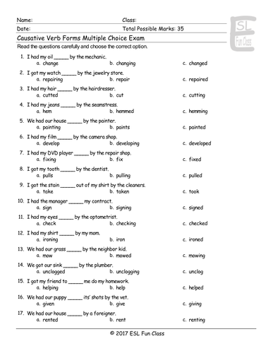 Causative Verb Forms Multiple Choice Exam | Teaching Resources