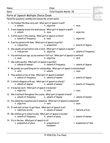 Parts Of Speech Multiple Choice Exam Teaching Resources