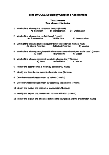 AQA GCSE Sociology - End of Chapter 1 (The Sociological Approach) Assessment, Mark Scheme, Feedback