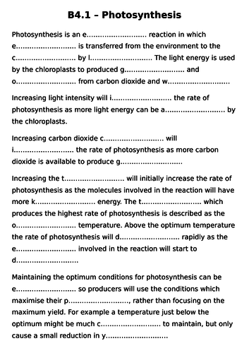 B4 Bioenergetics gap fill activities for AQA 9-1 Biology and Combined Science GCSEs 2018