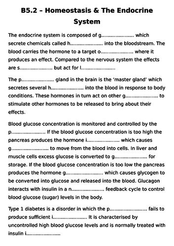 B5 Homeostasis & Response gap fill activities for AQA 9-1 Biology and Combined Science GCSEs 2018