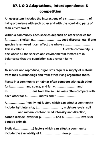 B7 Ecology gap fill activities for AQA 9-1 Biology and Combined Science GCSEs 2018