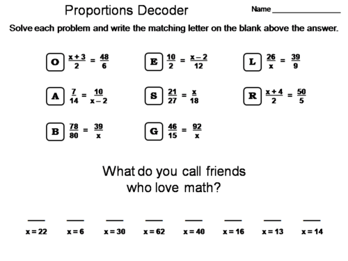 Proportions Worksheet: Math Message Decoder