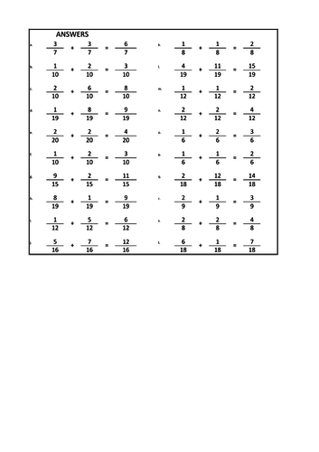 Adding fractions with the same denominator (80 questions and answers)