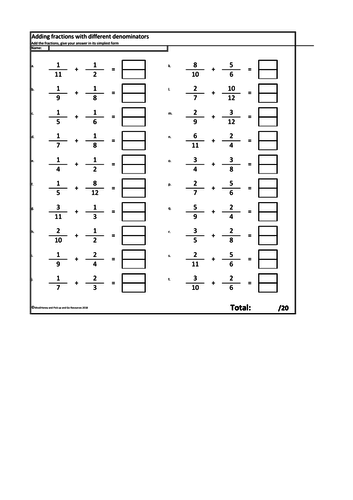 Adding fractions with different denominators worksheets (80 questions and answers)