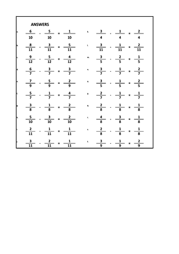 Subtracting fractions with the same denominator worksheets (80 questions and answers)