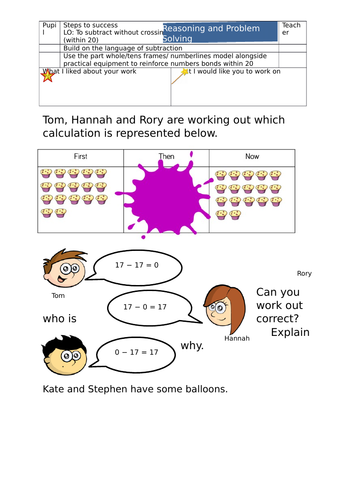 Year One - Subtraction not crossing 10 differentiated activity