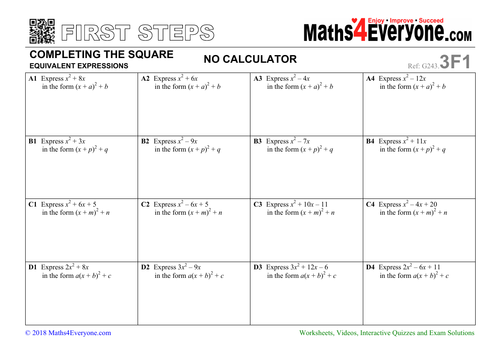 Completing the Square (Worksheets with Answers) | Teaching Resources