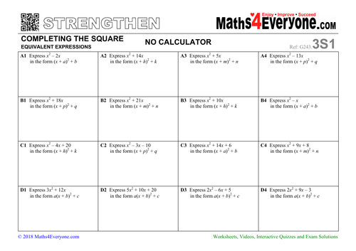 Completing the Square (Worksheets with Answers) | Teaching Resources
