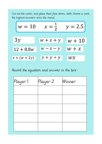 Year 6 Algebra: Substitution Game