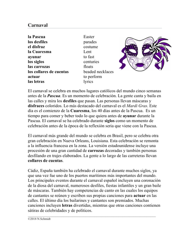 Carnaval Lectura Cultural - Spanish Reading on Carnival | Teaching ...